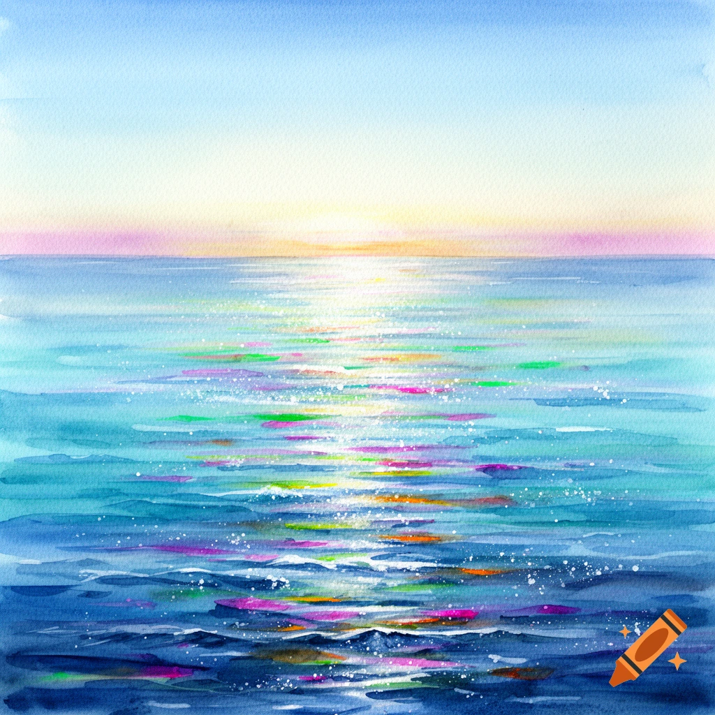 Watercolor painting of a bright sunset or sunrise over the ocean, with vibrant reflections of light on the water.
