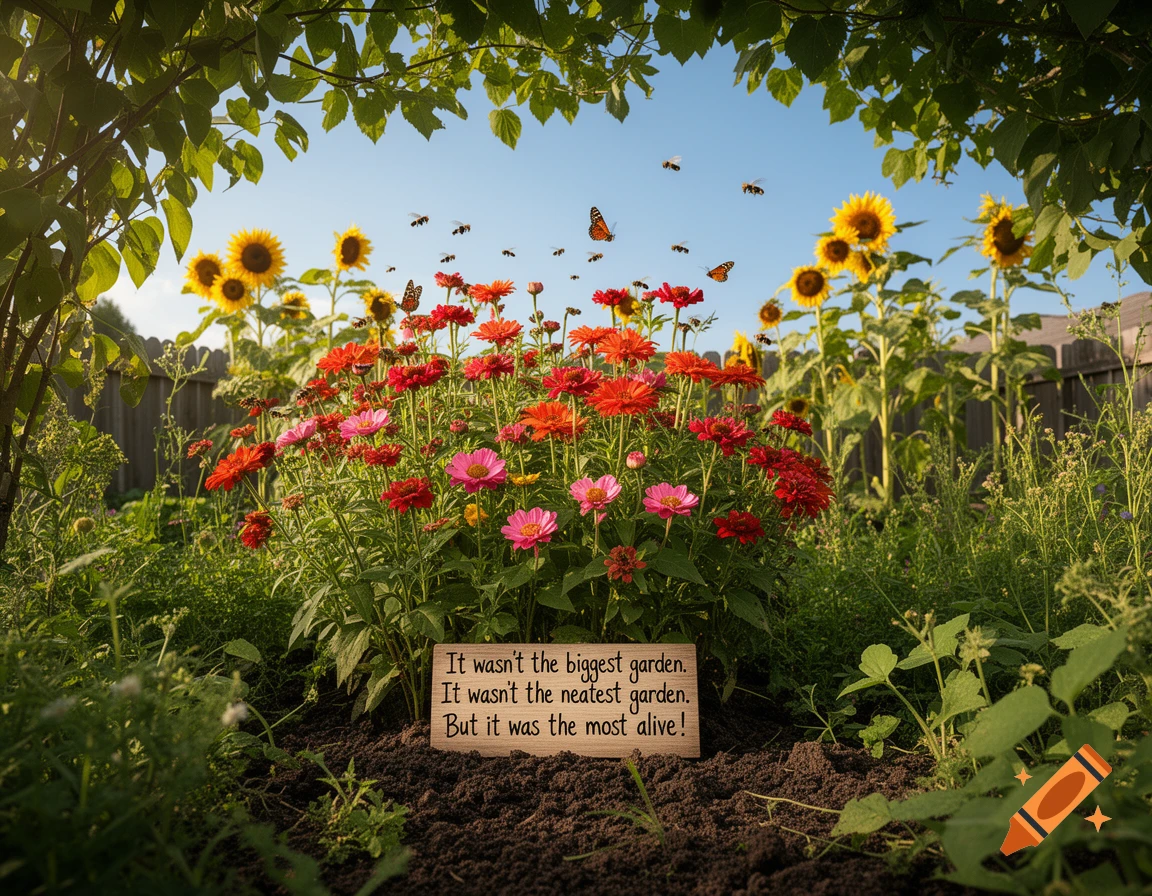 Photorealistic image of a vibrant flower garden with zinnias, sunflowers, bees, butterflies, and a wooden sign with an inspirational quote.