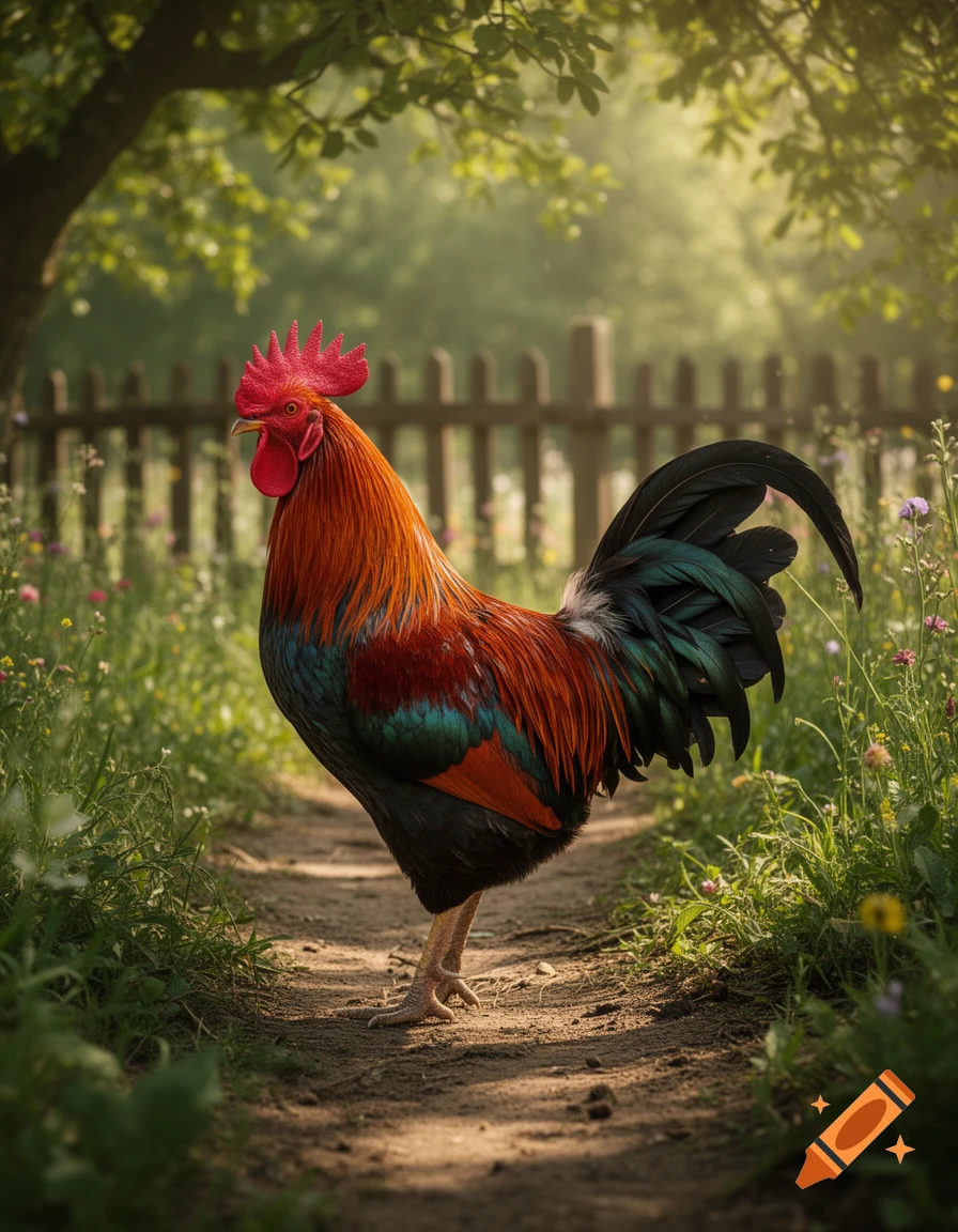 A vibrant, photorealistic rooster with red and orange feathers stands on a dirt path in a sunny, green garden with a wooden fence in the background.