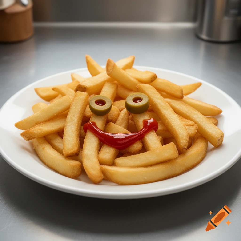 A white plate full of golden french fries with two green olives for eyes and a ketchup smile forming a cute face.