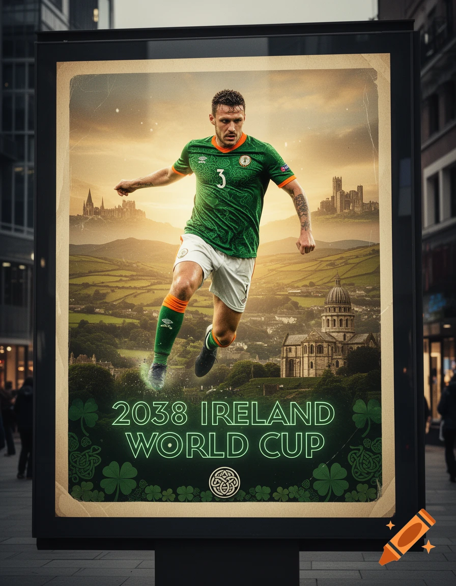 A vibrant poster shows an Irish soccer player in green leaping, with castles, green hills, and '2038 Ireland World Cup' text.
