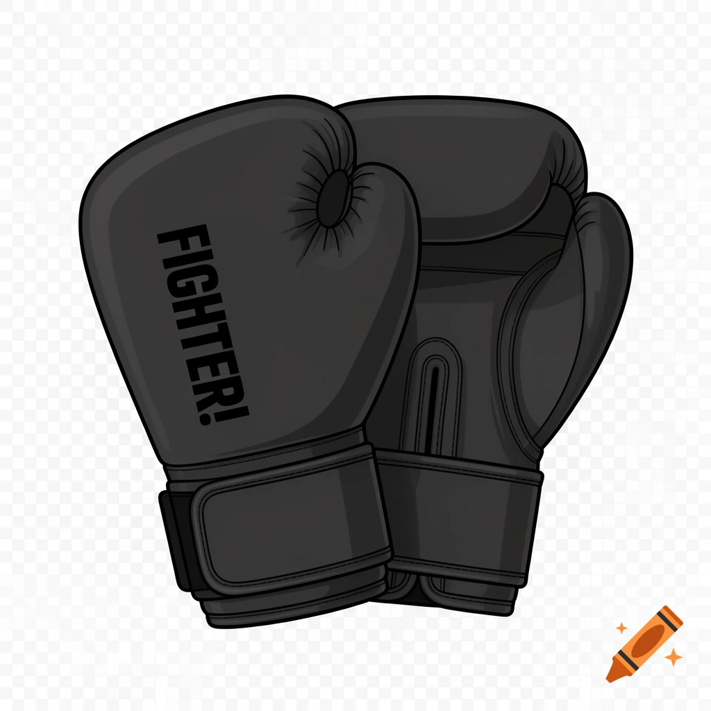 Two black boxing gloves with 'FIGHTER!' written on one, depicted in a cartoon style on a transparent background.