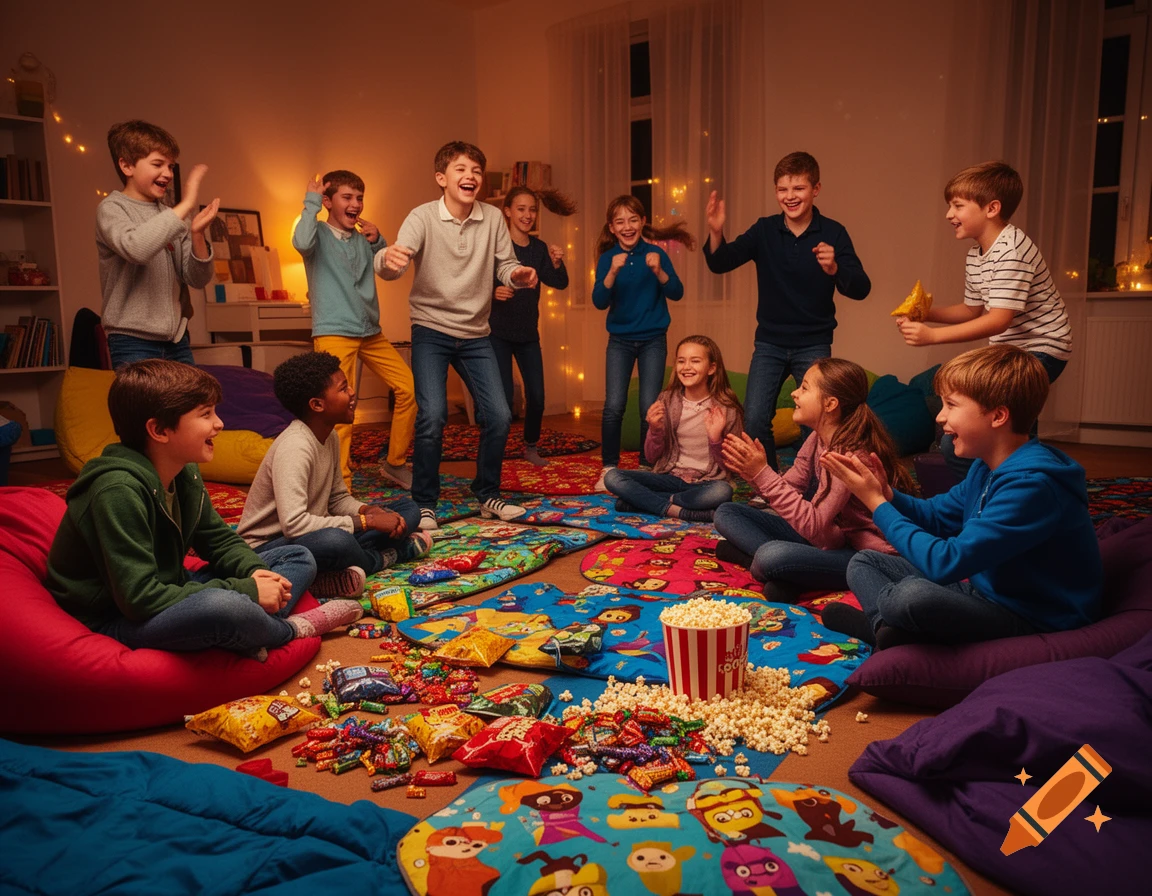 A group of diverse children playing games and laughing at a cozy night party in a living room, with snacks spilled on the floor.