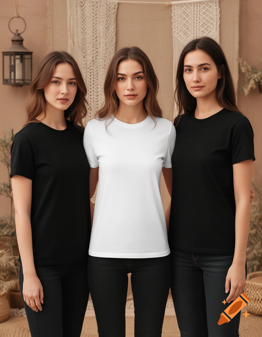 Three women standing, two in black t-shirts and one in a white t-shirt, against a boho background.