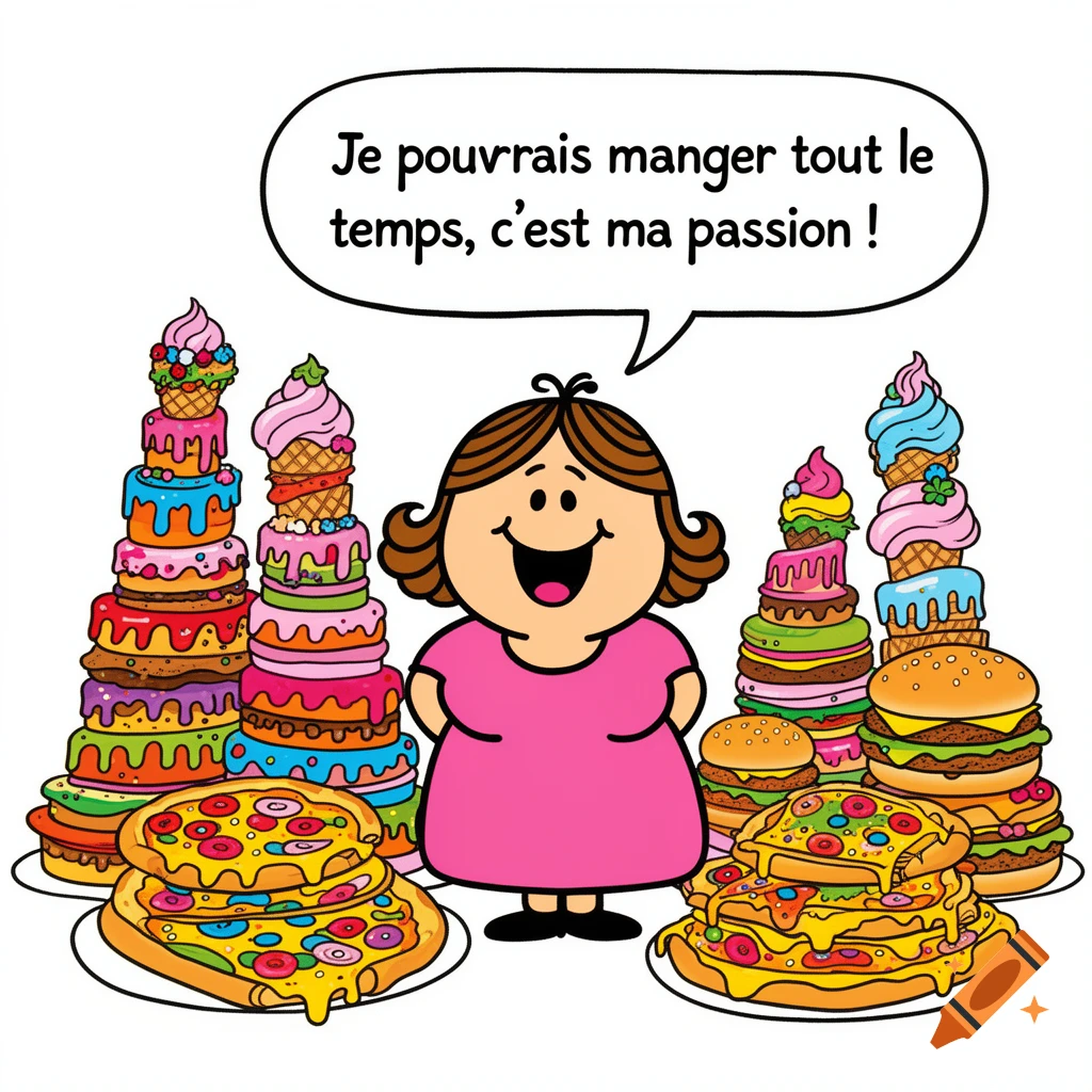 Smiling cartoon woman in pink dress surrounded by huge stacks of cakes, pizzas, and burgers. She says: "I could eat all the time, it's my passion!"