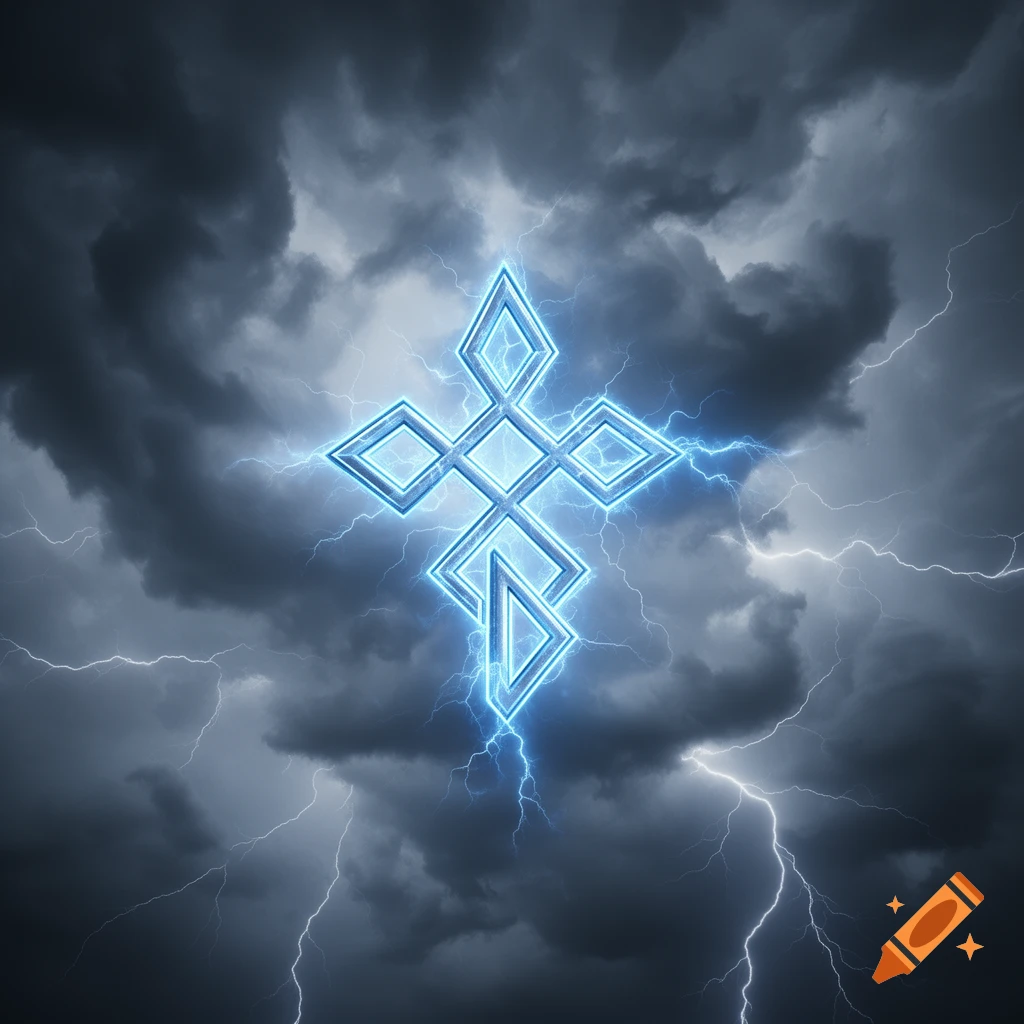 A glowing blue rune sigil surrounded by lightning against a dramatic, dark stormy sky.