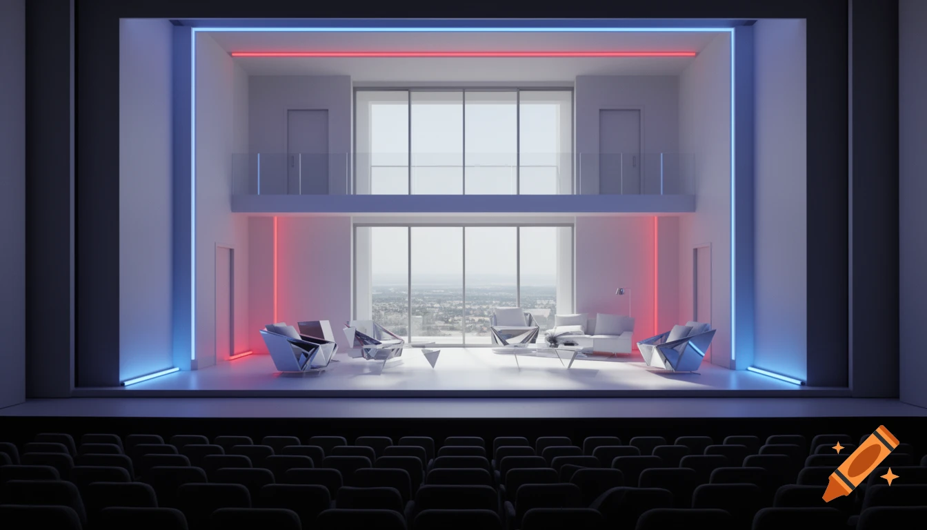 Minimalist modern two-story living room stage set with white walls, large windows, futuristic furniture, and blue and red LED lights.
