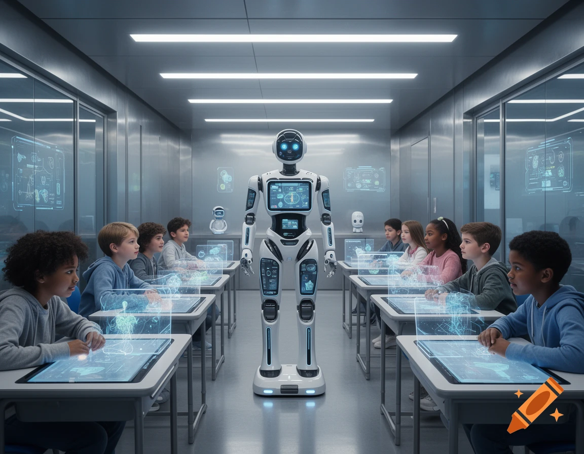 Photorealistic image of children sitting at futuristic desks with holographic displays, taught by a white robot in a modern classroom.