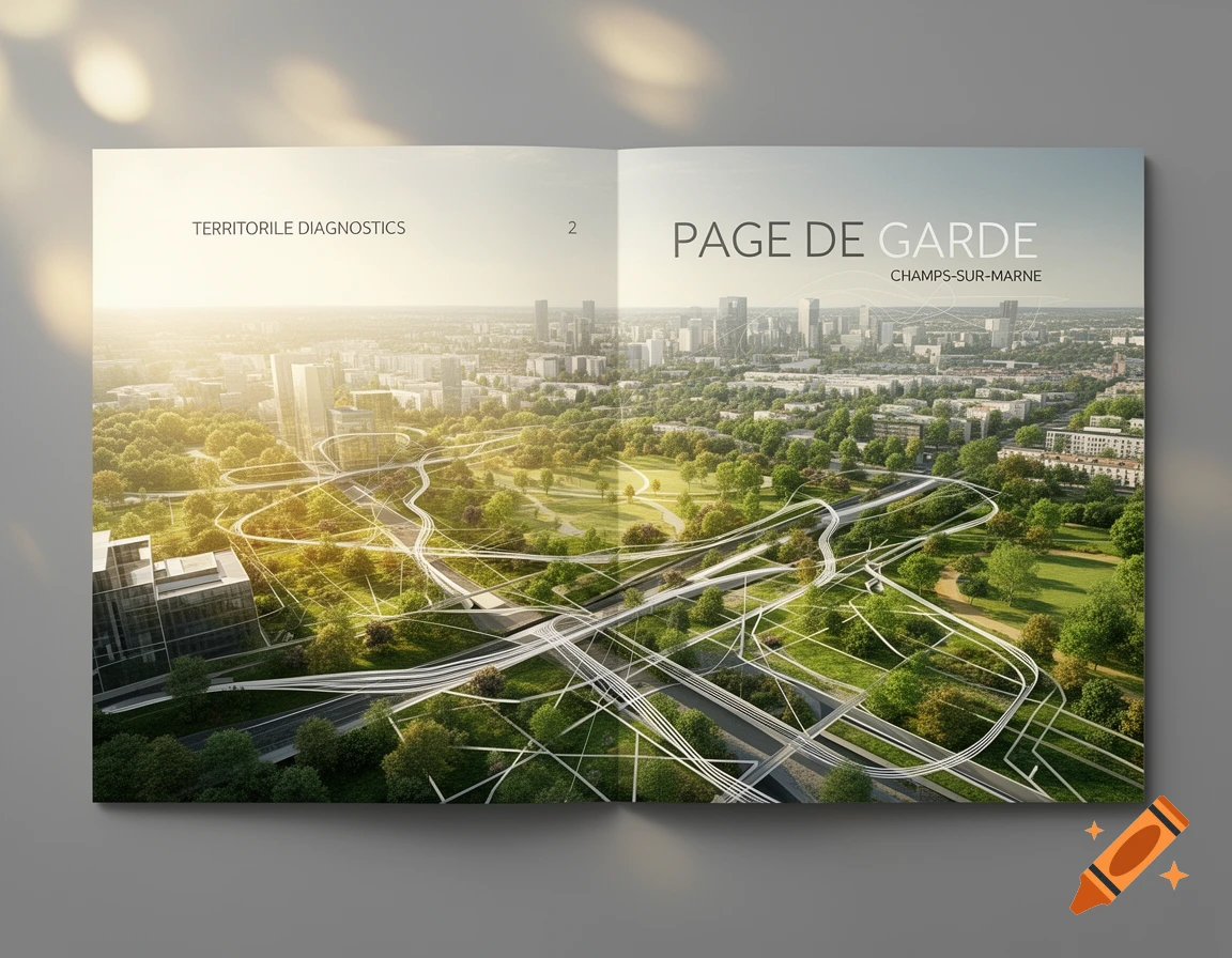 An open brochure displays an aerial view of a modern city with extensive green spaces and complex white lines indicating connections, under a bright, sunny sky.
