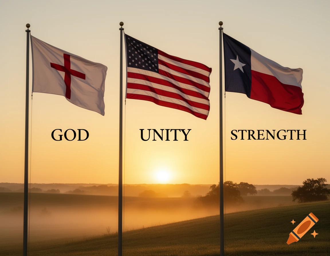 Christian, US, and Texas flags fly over a misty sunrise landscape, with 'GOD', 'UNITY', 'STRENGTH' below them.