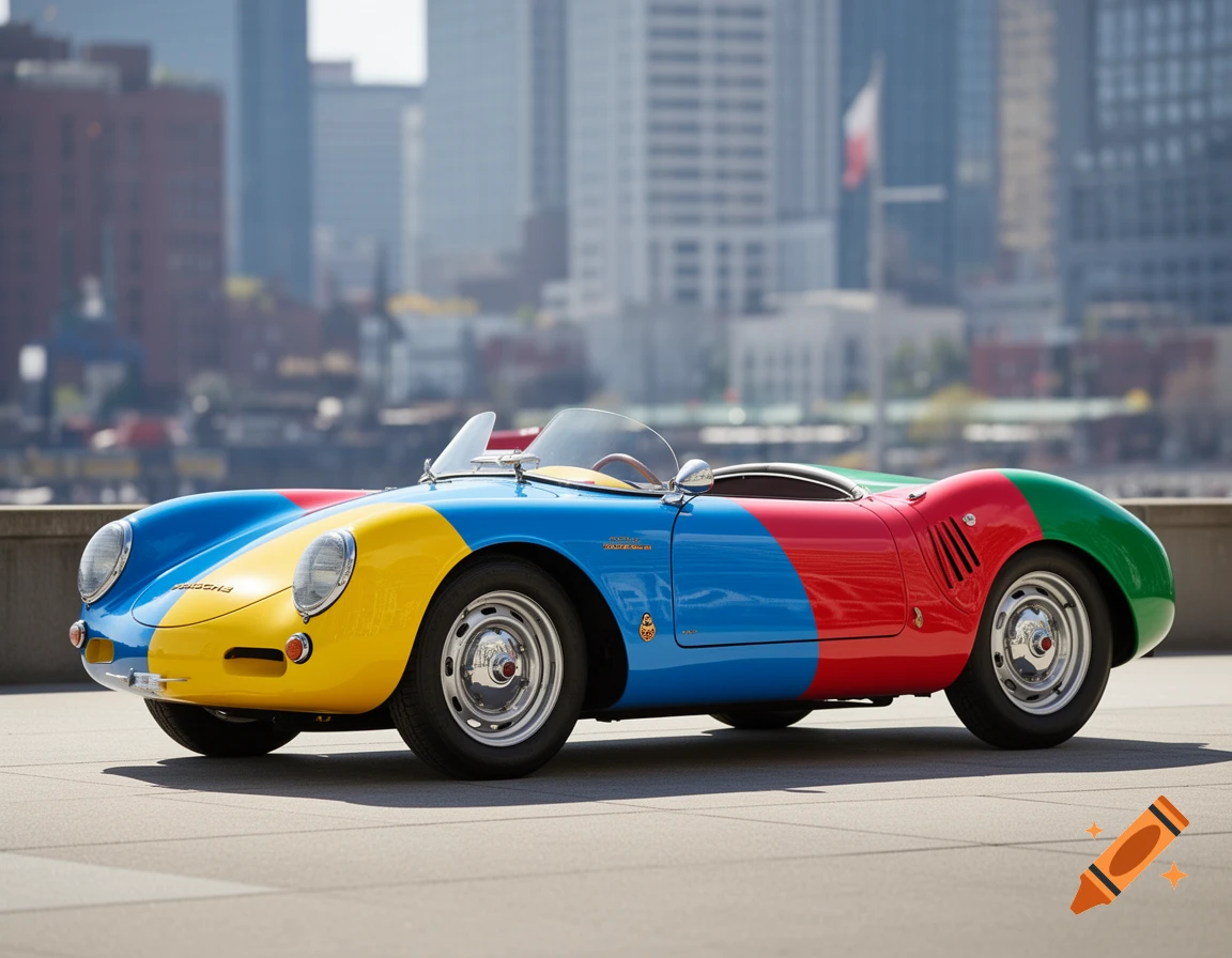A vibrant, multi-colored vintage Porsche 550 Spyder in Harlequin style with yellow, blue, red, and green panels, parked against a cityscape.
