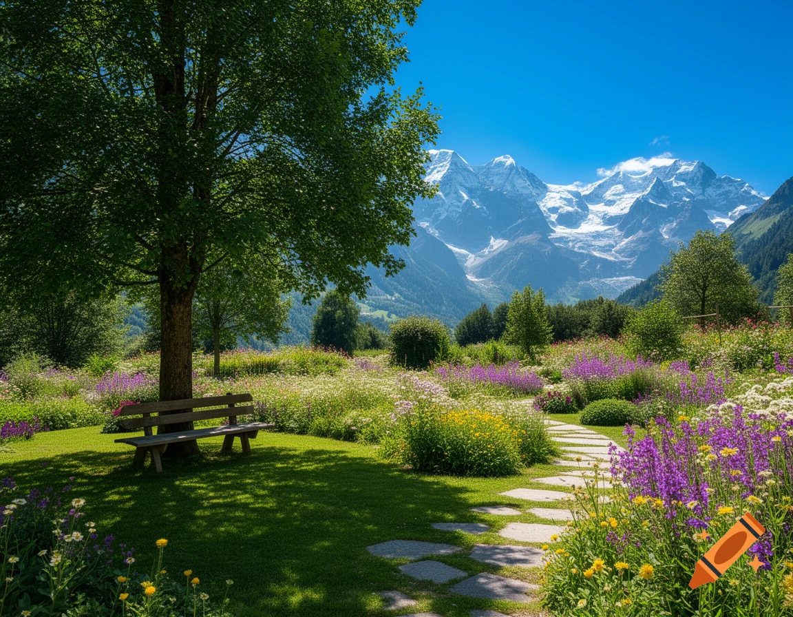 A vibrant garden with a wooden bench under a tree, leading to snow-capped mountains under a bright blue sky.