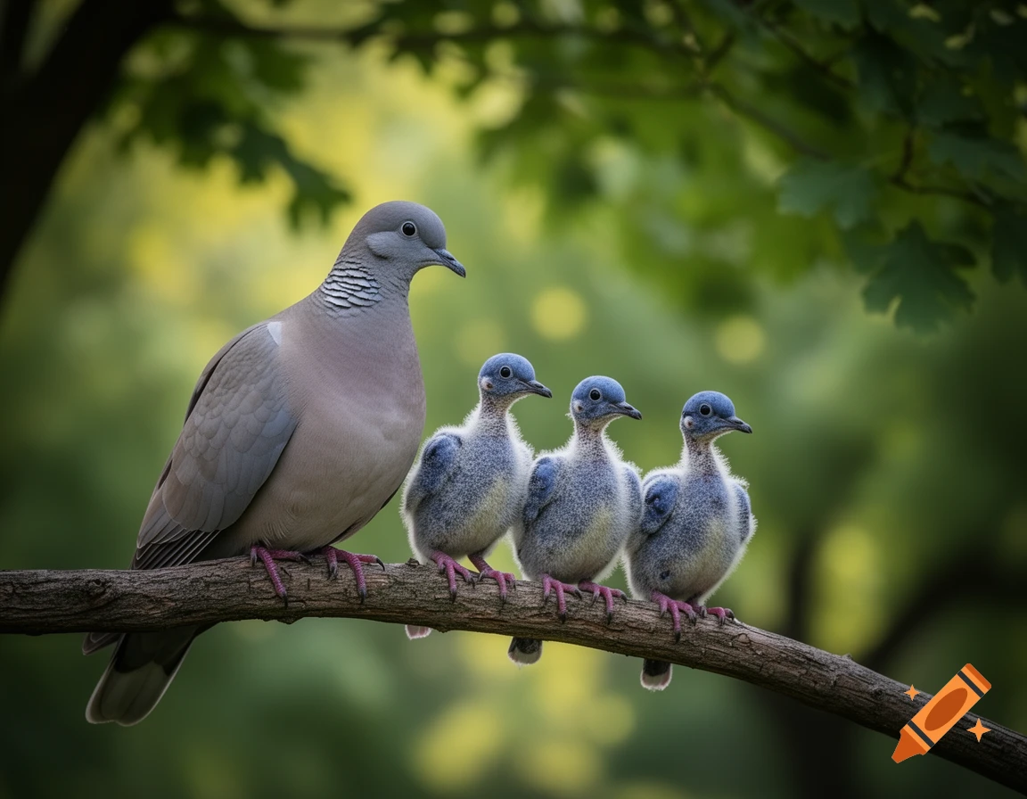 A large pigeon and three small, fluffy chicks with blue heads sit together on a tree branch.