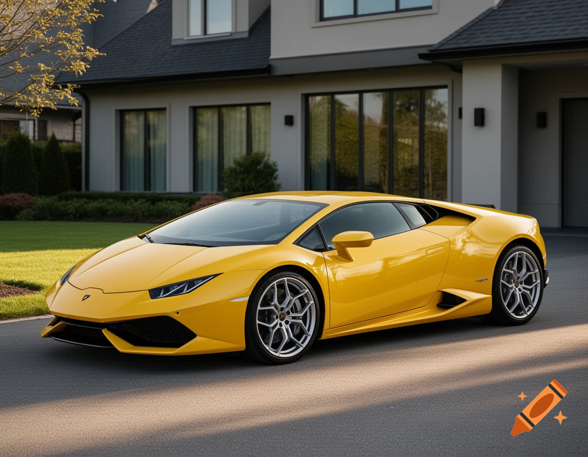 A bright yellow Lamborghini sports car parked on a paved driveway in front of a modern suburban house during golden hour.