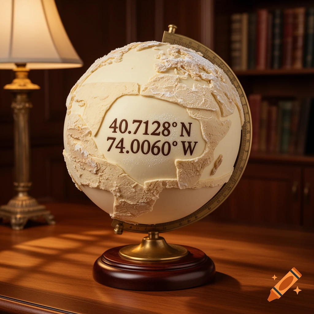 A photorealistic globe cake displaying '40.7128° N 74.0060° W' on a wooden desk with a lamp and bookshelf.