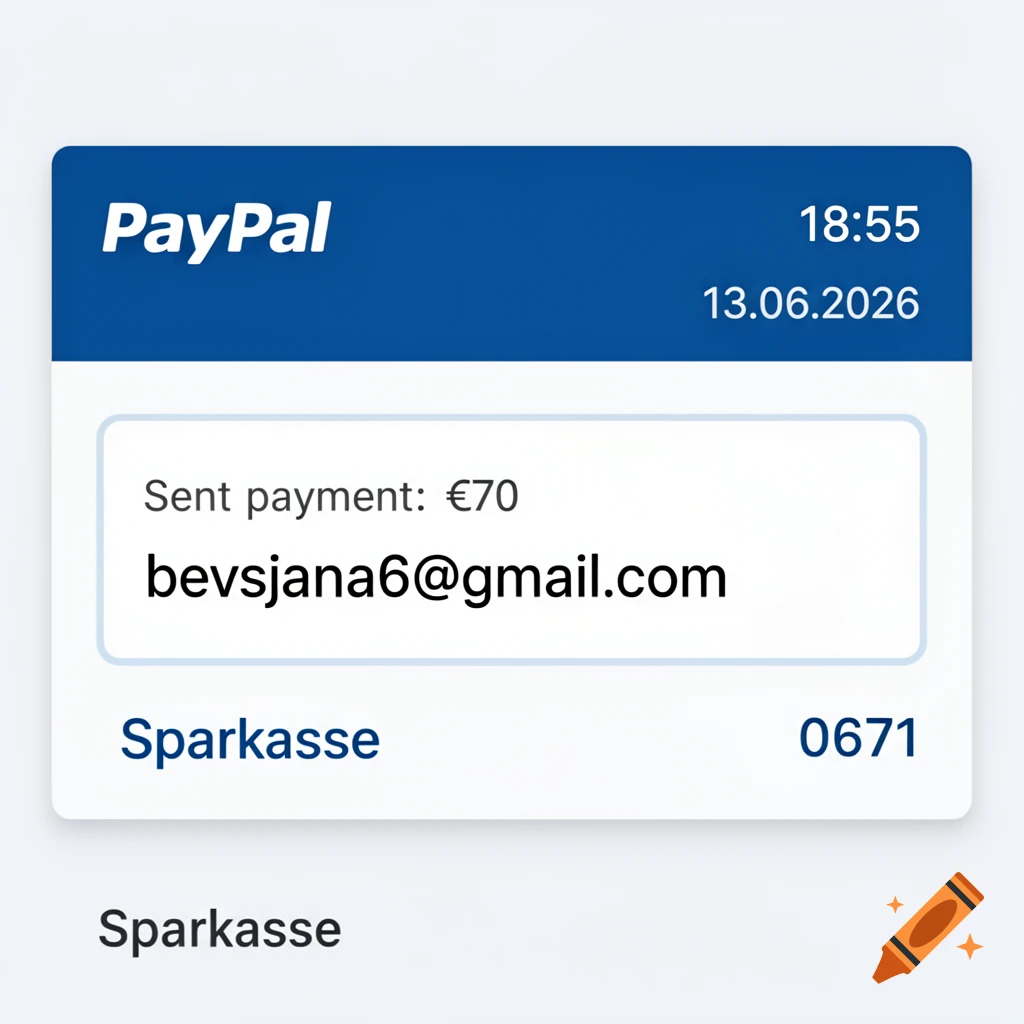 Screenshot of a PayPal payment confirmation for €70 sent to bevsjana6@gmail.com, displaying date 13.06.2026 and time 18:55.