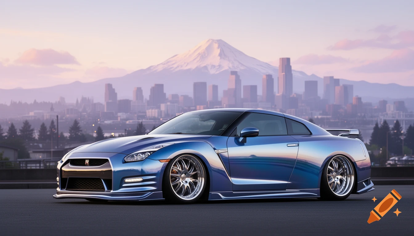 A blue Nissan GT-R sports car with chrome wheels parked in front of a distant city skyline and a snow-capped mountain at sunset.