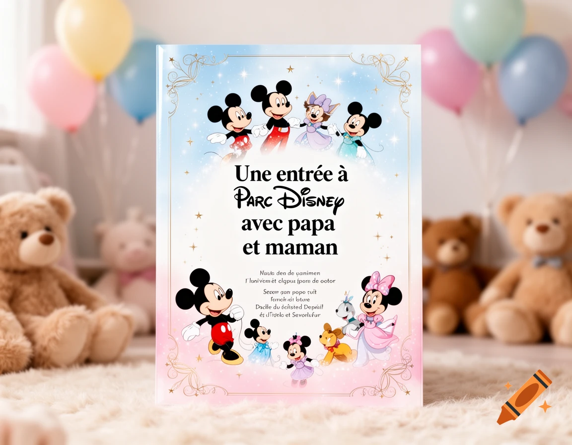 A Disney-themed invitation card featuring Mickey and Minnie Mouse, surrounded by blurred teddy bears and colorful balloons.
