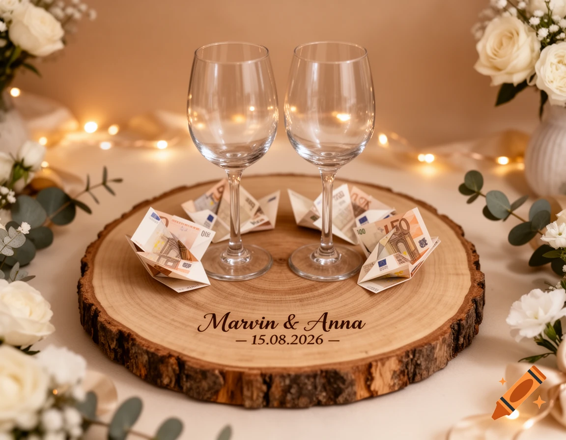 Romantic still life with two wine glasses, origami euro notes, and 'Marvin & Anna – 15.08.2026' engraved on a rustic wood slice, surrounded by flowers and string lights, photorealistic.