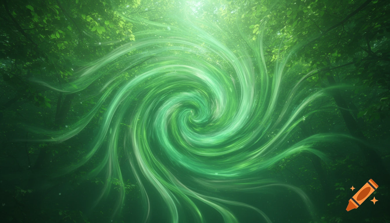 A vibrant green ethereal vortex swirls through a lush, dark forest, illuminated by a bright light from above.