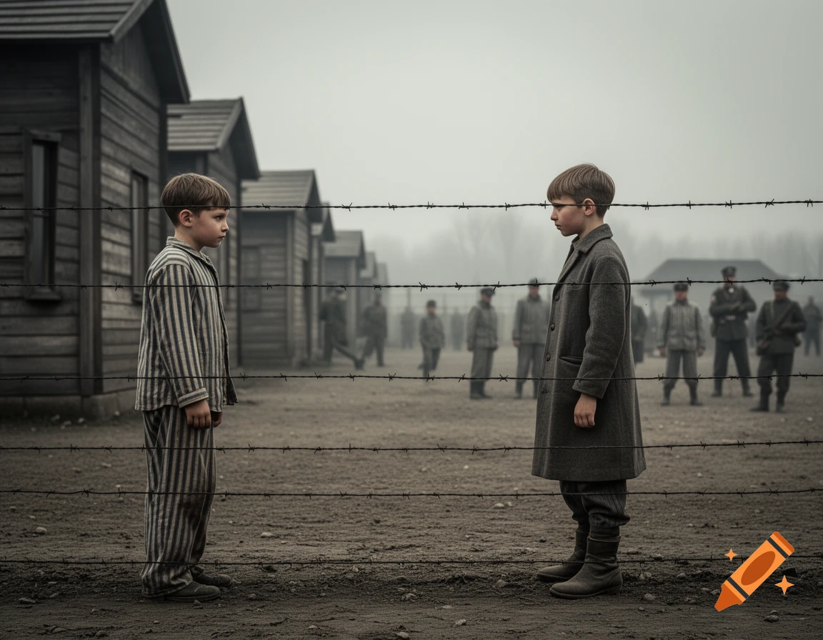 Two boys, one in striped uniform and one in a coat, separated by barbed wire in a foggy concentration camp setting.