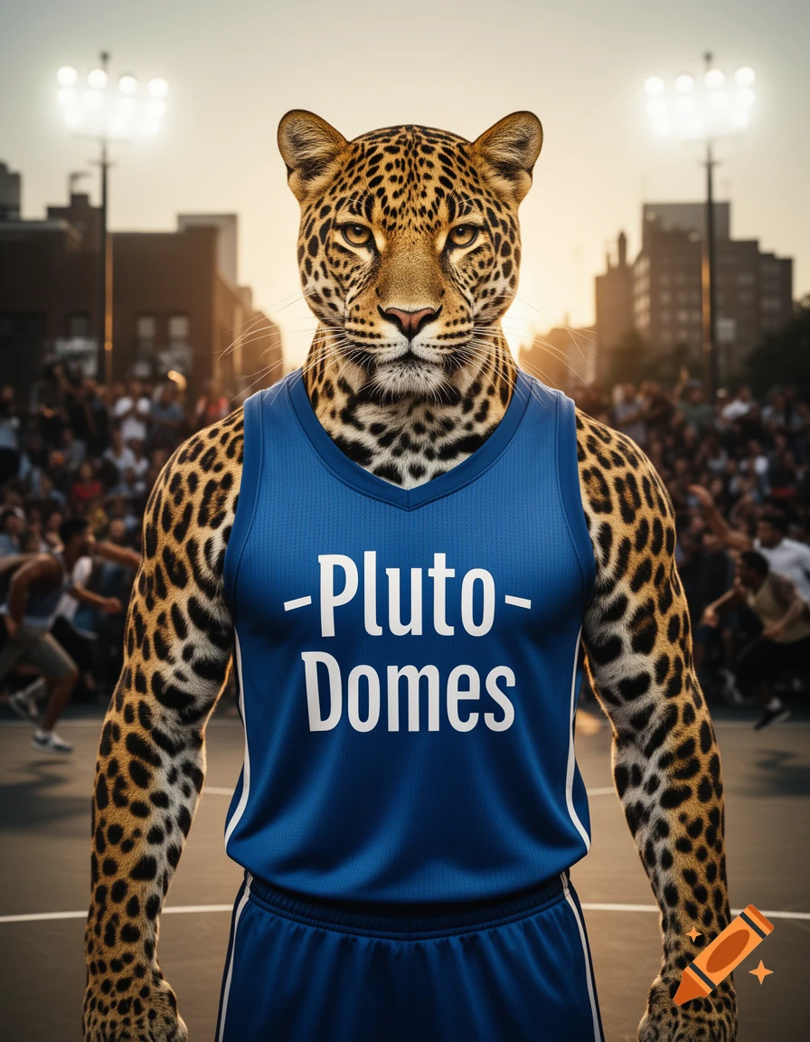 Photorealistic anthropomorphic jaguar in a blue 'Pluto - Domes' basketball jersey on a court with a blurred crowd.