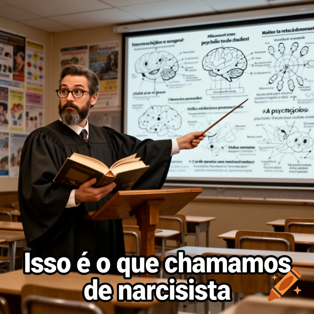 A man resembling a professor or judge, wearing a black robe and glasses, stands in a classroom holding a book and pointing a stick at a projection screen with brain diagrams. Portuguese text overlays the image saying "Isso é o que chamamos de narcisista".
