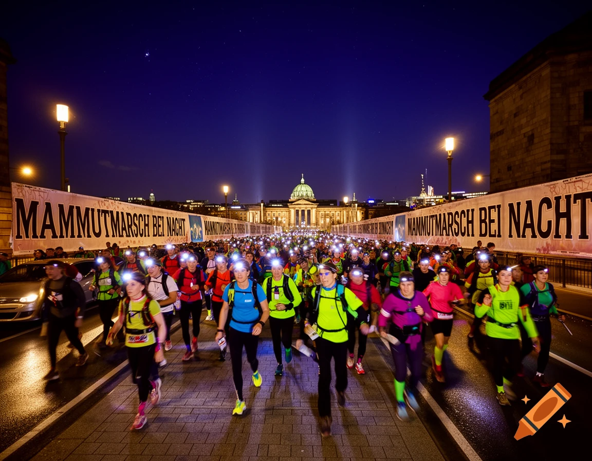 A large group of runners with headlamps participate in a night race, crossing a city bridge with a grand building in the background.