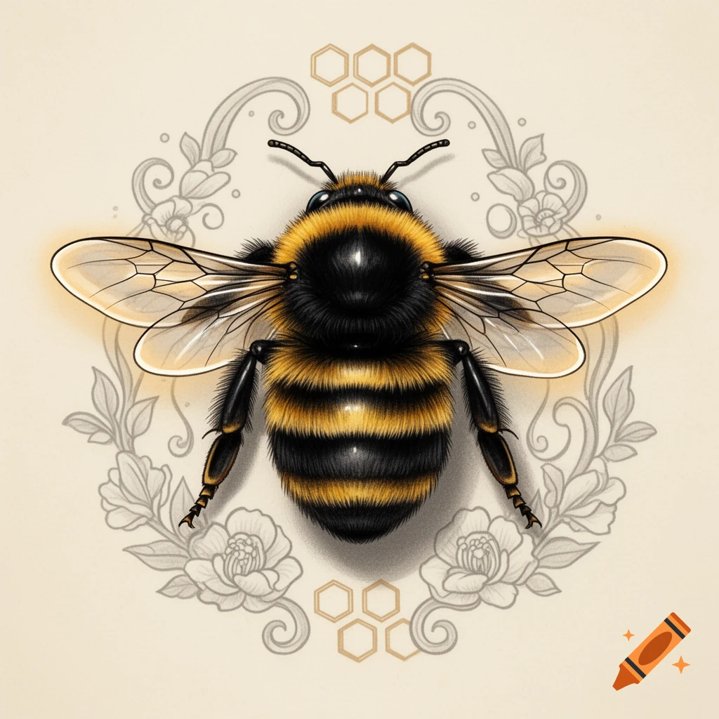 Detailed illustration of a bumblebee with black and yellow stripes, transparent wings, against a background of delicate grey floral and honeycomb patterns.
