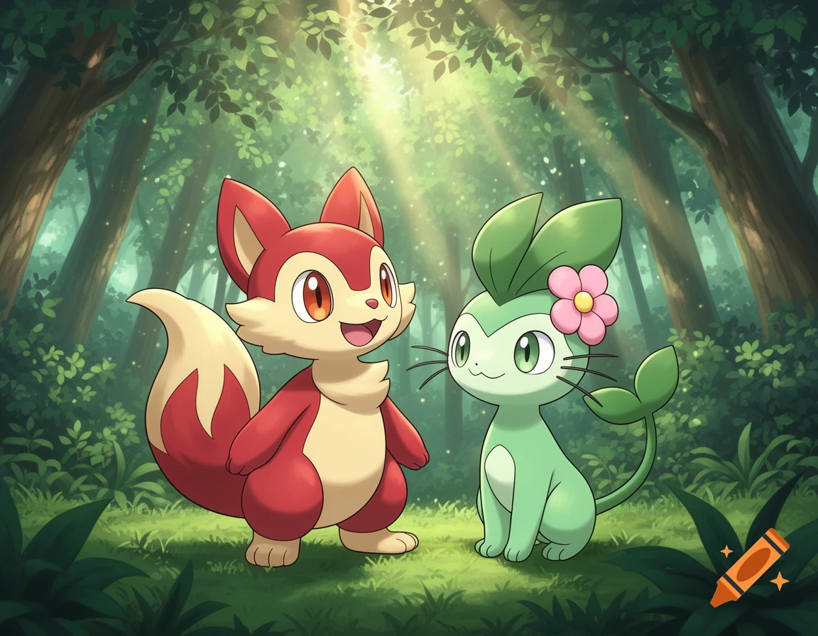 Anime illustration of a red fox-like creature and a green cat-like creature standing side-by-side in a lush, sunlit forest.