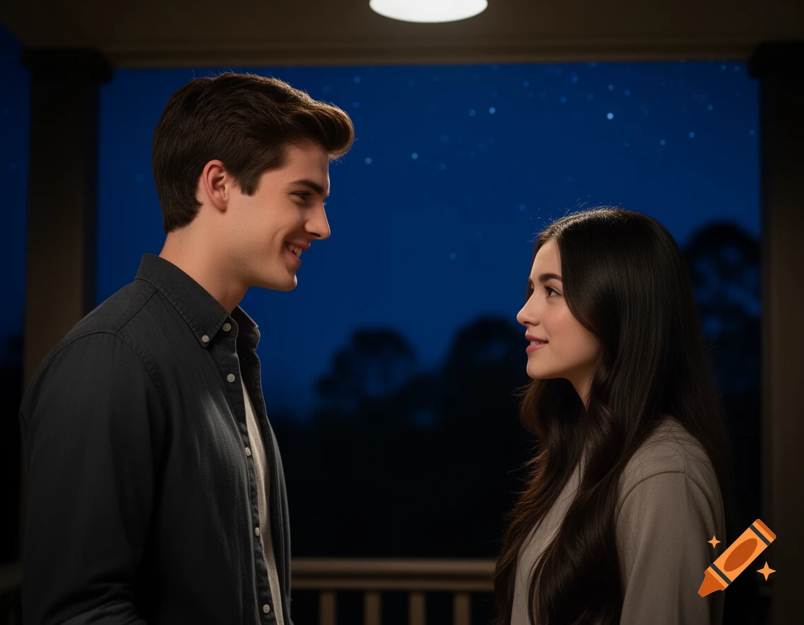 A young man and a young woman smile while looking at each other on a dark porch at night under a starry sky.