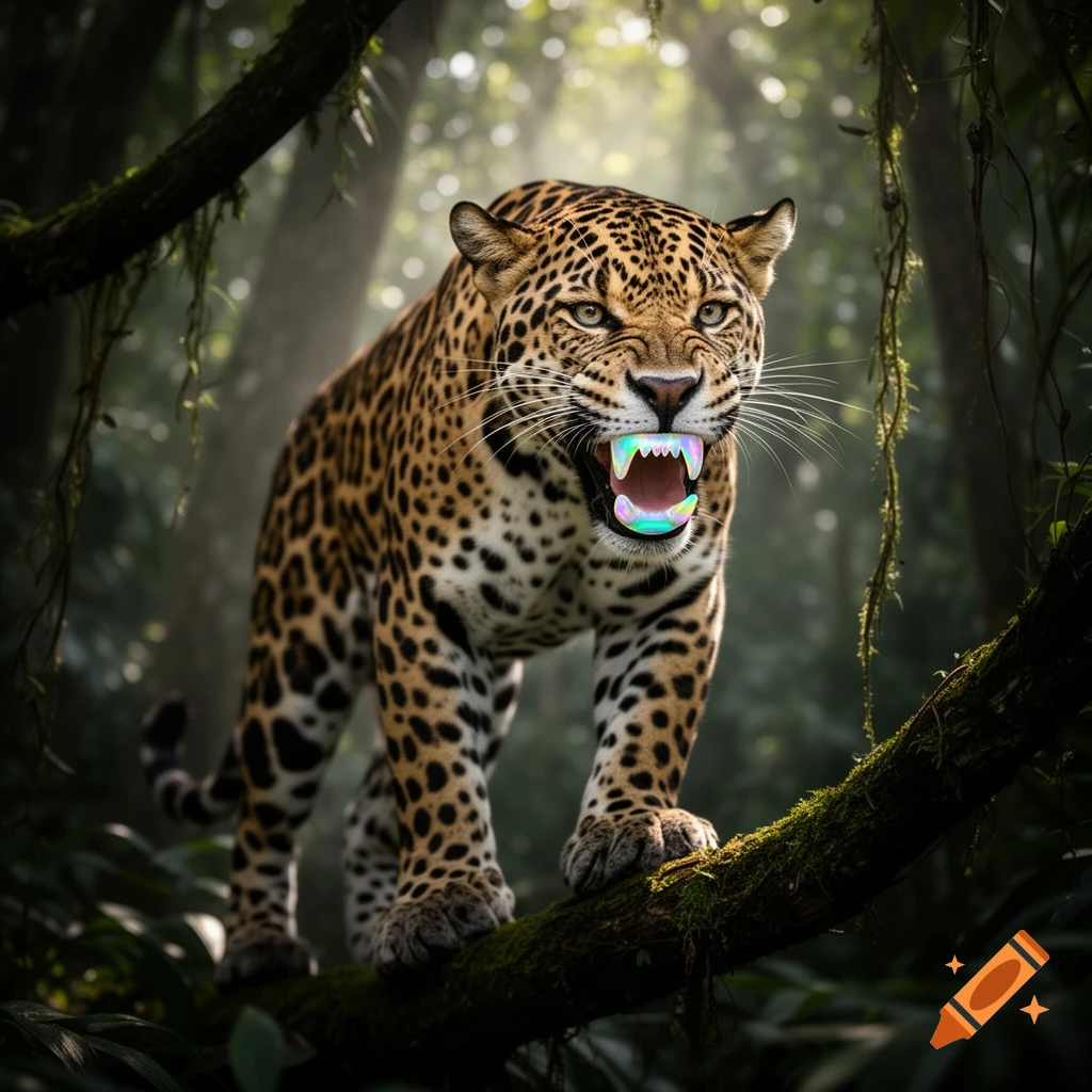 A photorealistic aggressive jaguar with iridescent mother-of-pearl teeth stands on a mossy branch in a sunlit jungle.