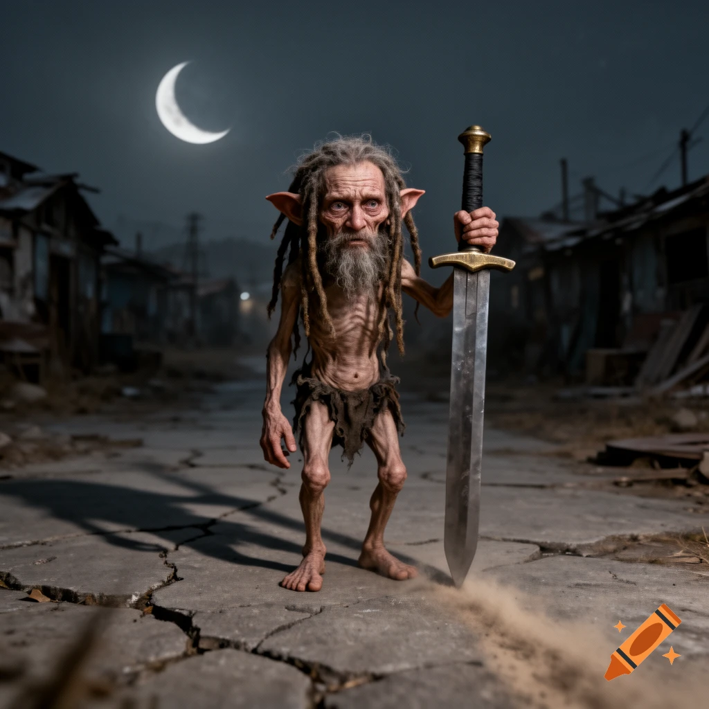 An emaciated, dreadlocked goblin-like figure drags a huge sword down a cracked street in a ruined, dark town under a crescent moon, photorealistic.
