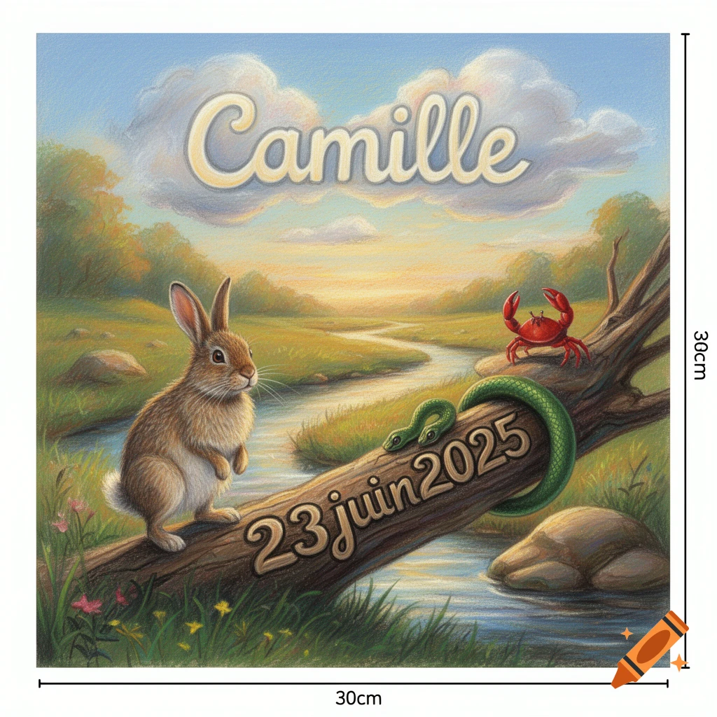 A pastel drawing of a rabbit on a log next to a river, with a snake and a crab. Text 'Camille' in the sky, '23 juin 2025' on the log.