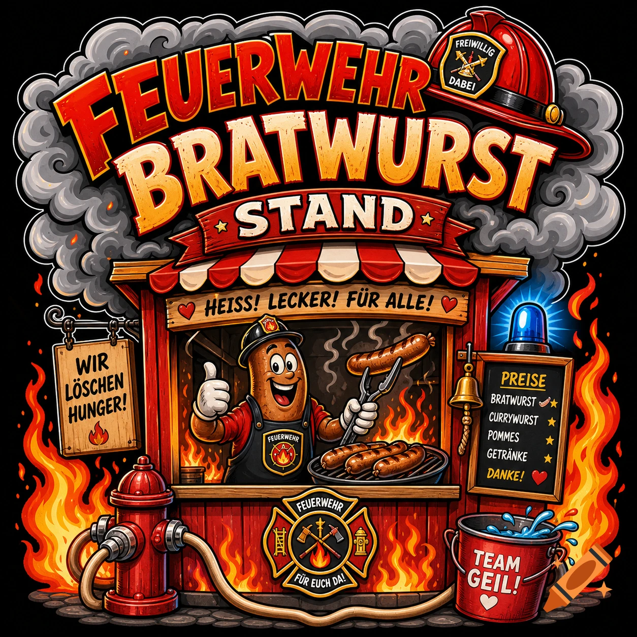 Cartoon logo for a 'Fire Department Bratwurst Stand' with a cheerful hot dog chef grilling, surrounded by fire and smoke.