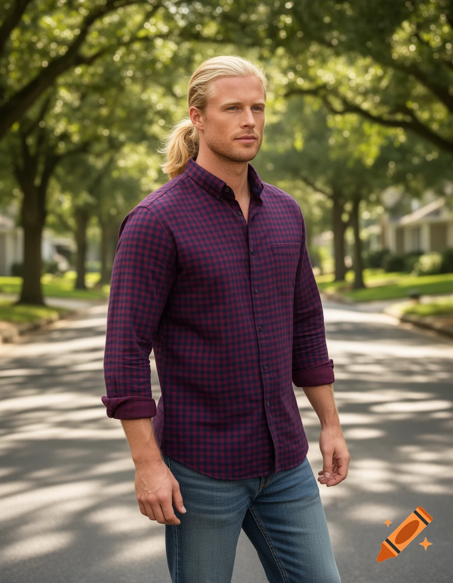 Blonde man with a ponytail, wearing a burgundy checkered shirt and jeans, stands on a tree-lined street.