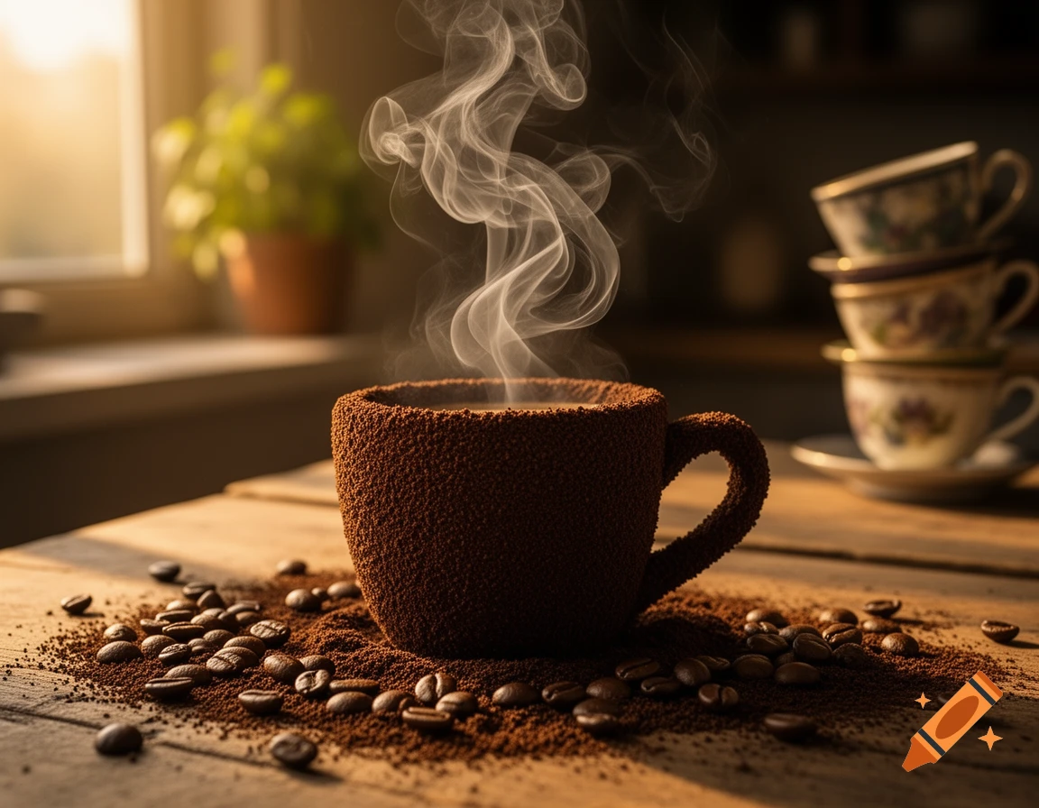 Steaming coffee cup made of coffee grounds, surrounded by coffee beans and grounds on a wooden table in soft sunlight.