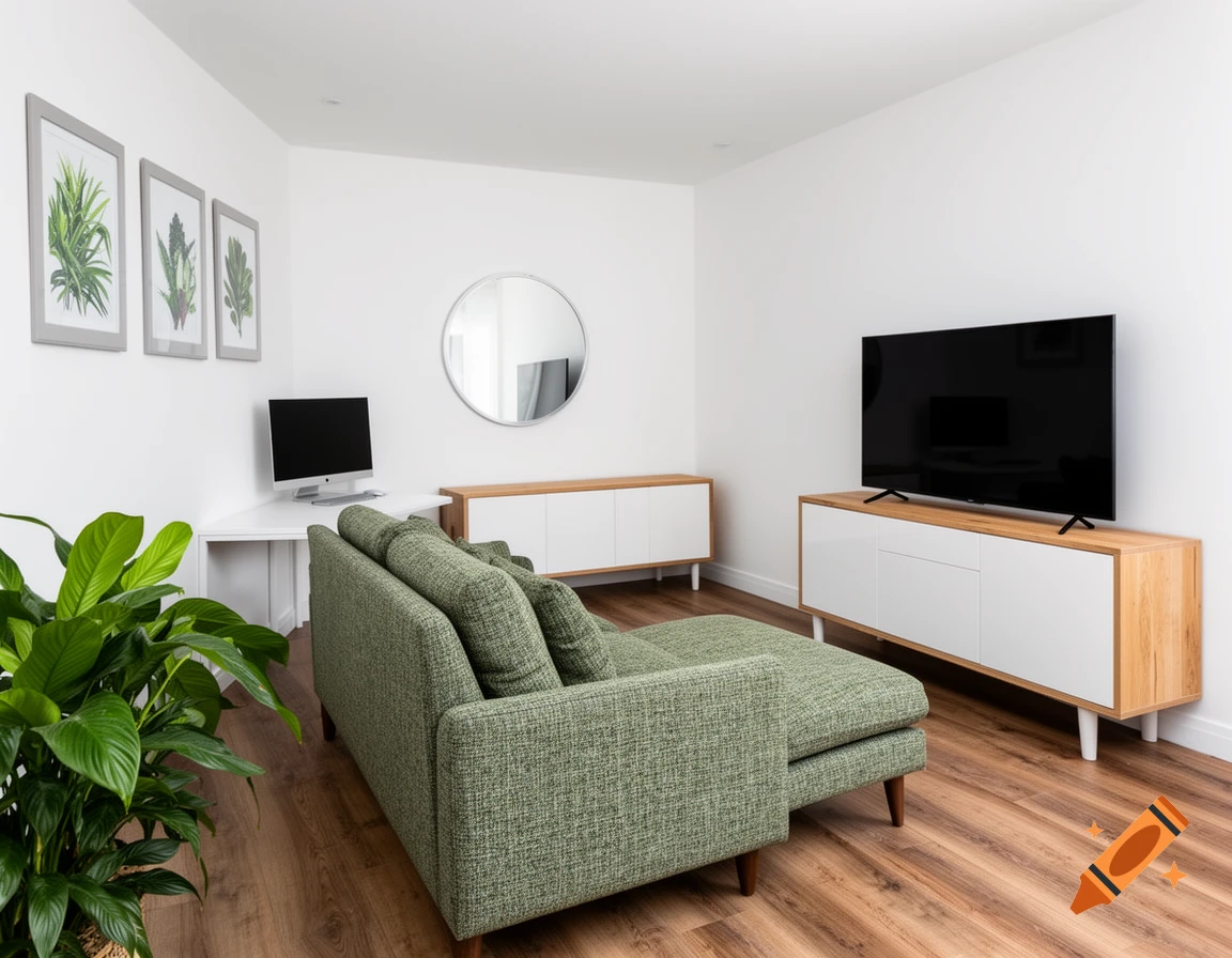 A modern living room with white walls, wood laminate floor, green chaise lounge sofa, a white desk with PC, and a TV on a wooden lowboard.