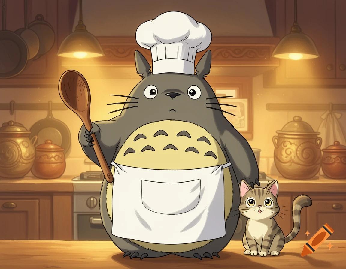 A colorful cartoon illustration of Totoro dressed as a chef, holding a wooden spoon, with a small cat watching him in a cozy kitchen.