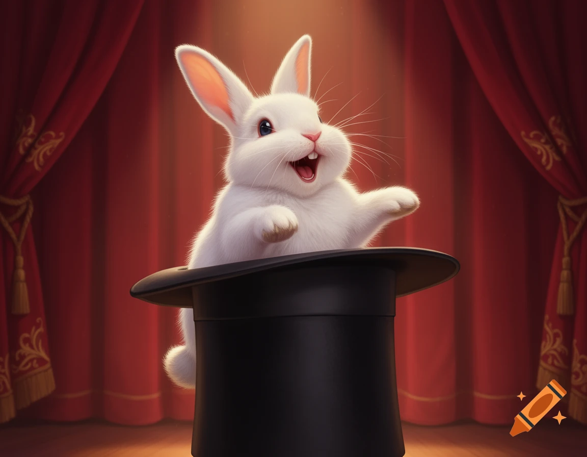 A fluffy white rabbit with an open mouth smiling, emerging from a black magician's top hat against a background of red theater curtains.