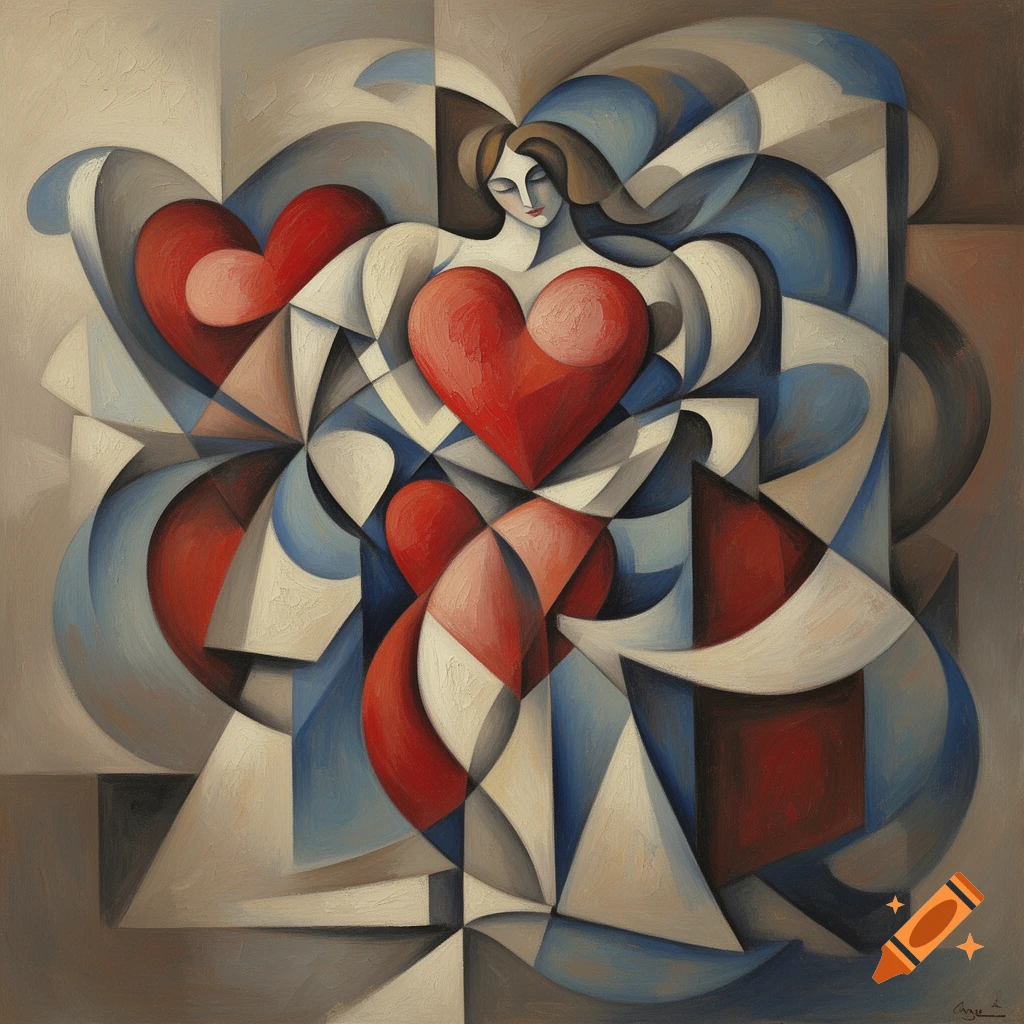 Cubist painting of a stylized figure with multiple red hearts, in muted tones of blue, white, and red.