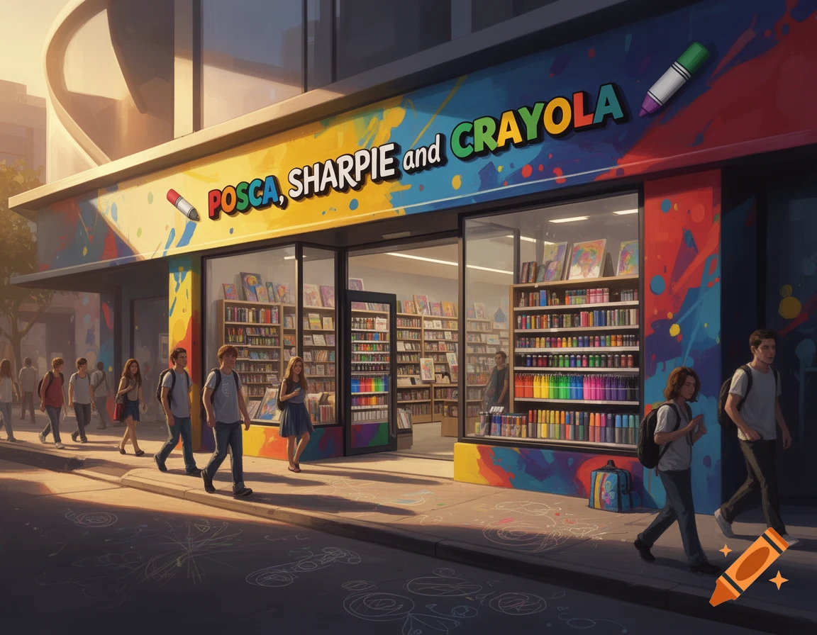 A vibrant art supply store with "POSCA, SHARPIE and CRAYOLA" on its colorful facade. People walk past on a sunny city street.