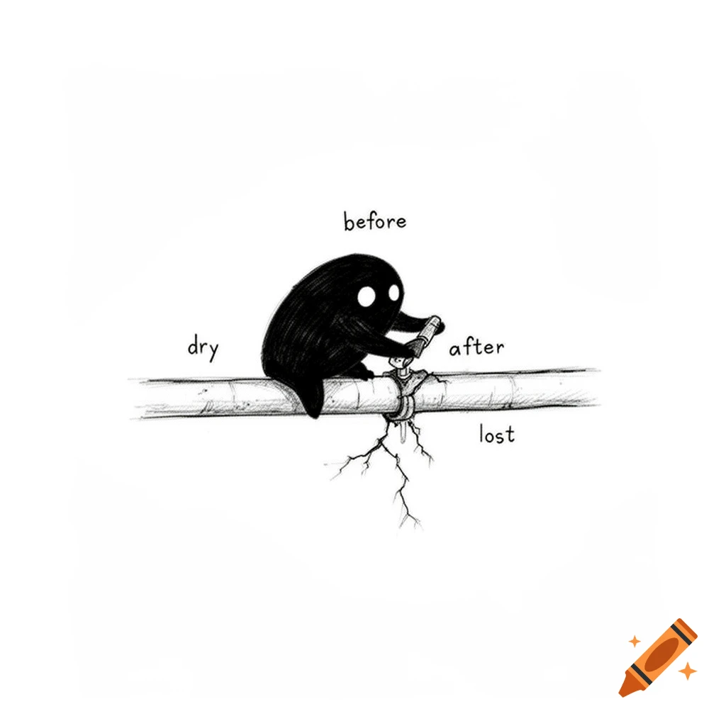 Minimalist black hand-drawn sketch of a solid-black creature with white dot eyes plugging a cracked pipe, with labels 'before', 'after', 'dry', 'lost'.