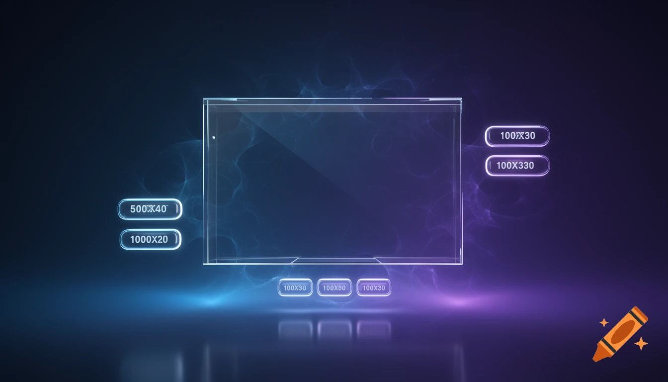 A glowing transparent rectangular display box floats in a dark, futuristic space with blue and purple light reflections, surrounded by oval-shaped buttons with numbers.