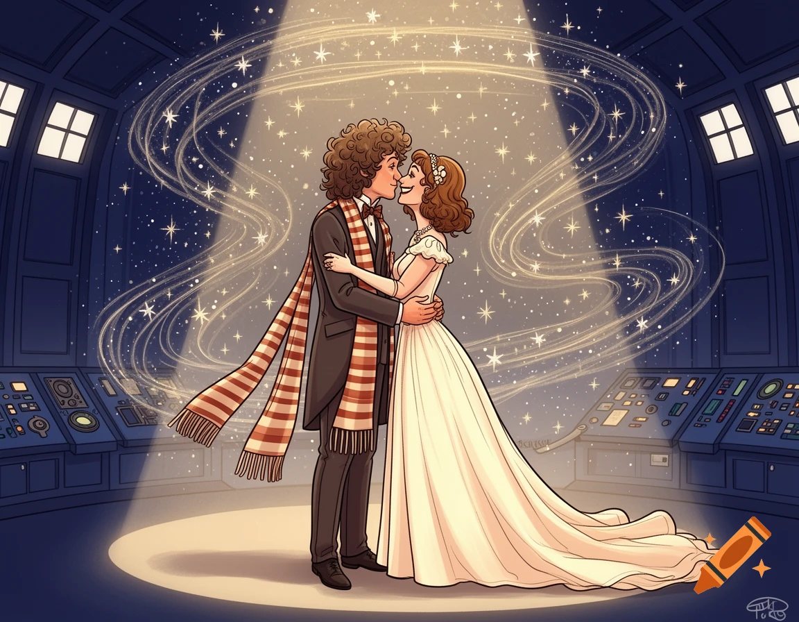 Cartoon couple embracing in a romantic moment inside the TARDIS, with sparkling light effects around them.