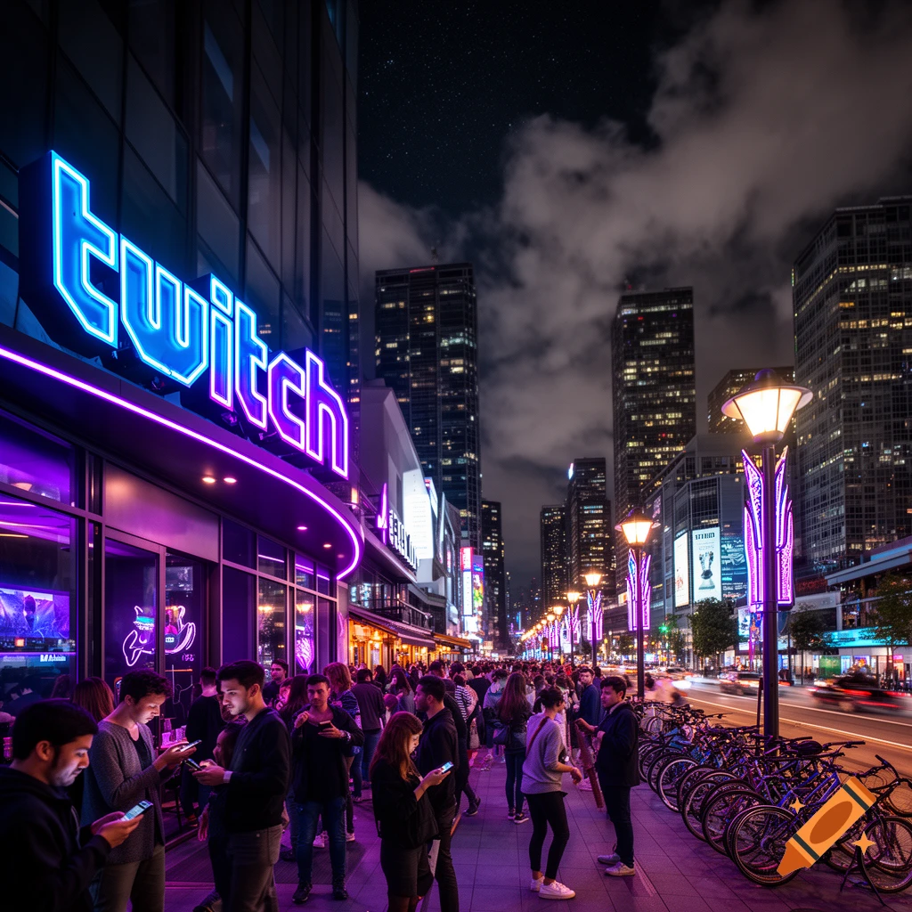 Photorealistic night scene of a busy city street with a glowing blue and purple "Twitch" sign and a crowd of people.