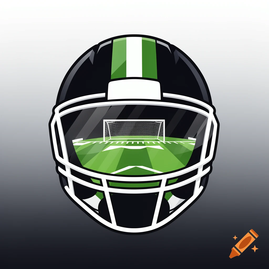 A stylized black and green football helmet with a soccer goal and field visible through its face mask.