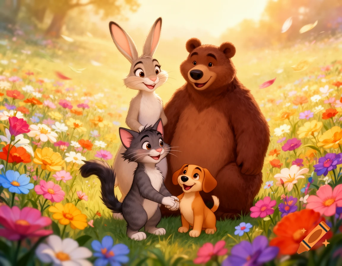 A cheerful Disney-style cartoon family of animals: a rabbit, bear, cat, and dog holding hands, in a sunny field of colorful flowers.