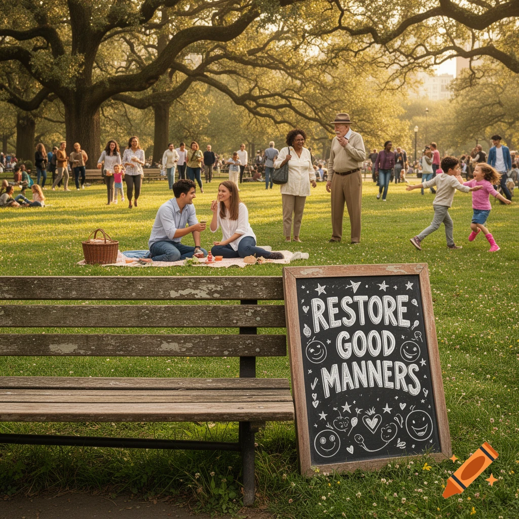 People enjoy a sunny park day; a couple picnics, children play. A chalkboard sign in the foreground reads 'RESTORE GOOD MANNERS'.