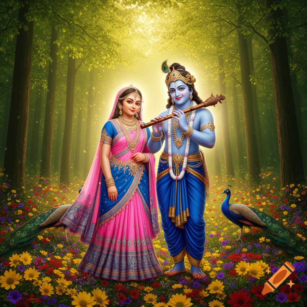 Radha and Krishna stand in a vibrant forest with peacocks and colorful flowers, illuminated by golden light, Krishna plays a flute.